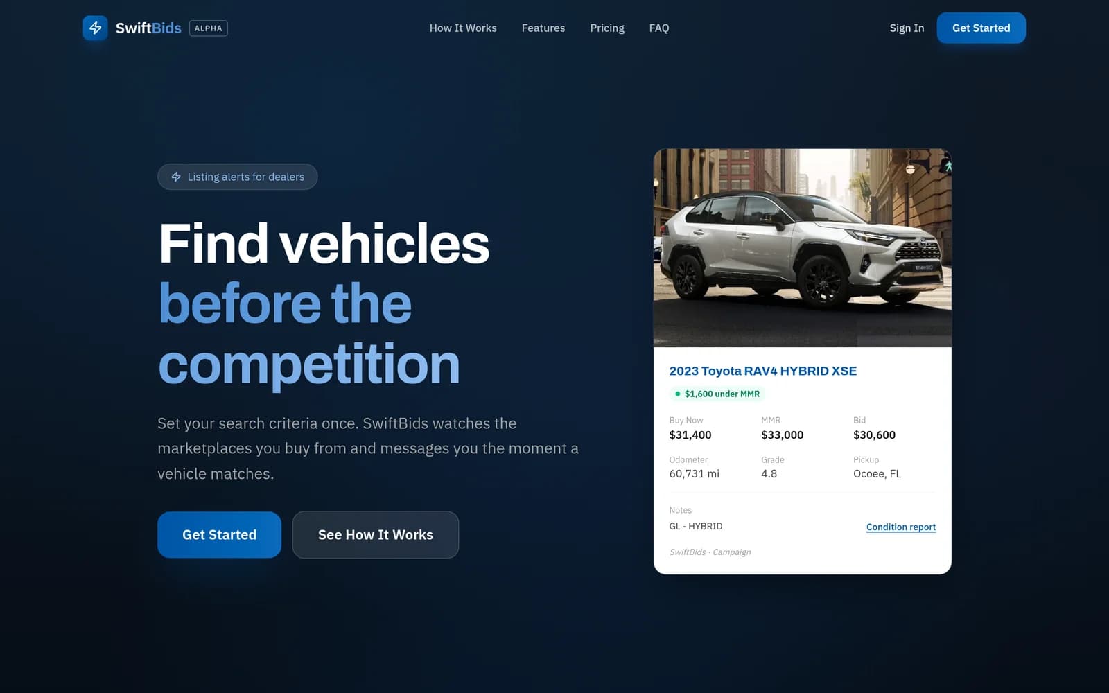 SwiftBids, a vehicle alert service we built and run for a client, showing a listing priced against market value