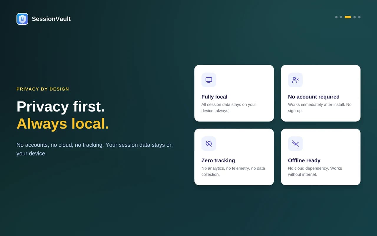 SessionVault privacy promise: fully local, no account, no tracking